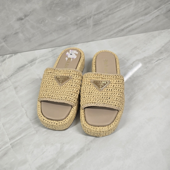 Prada Shoes - Prada Beige Woven Slide Sandals